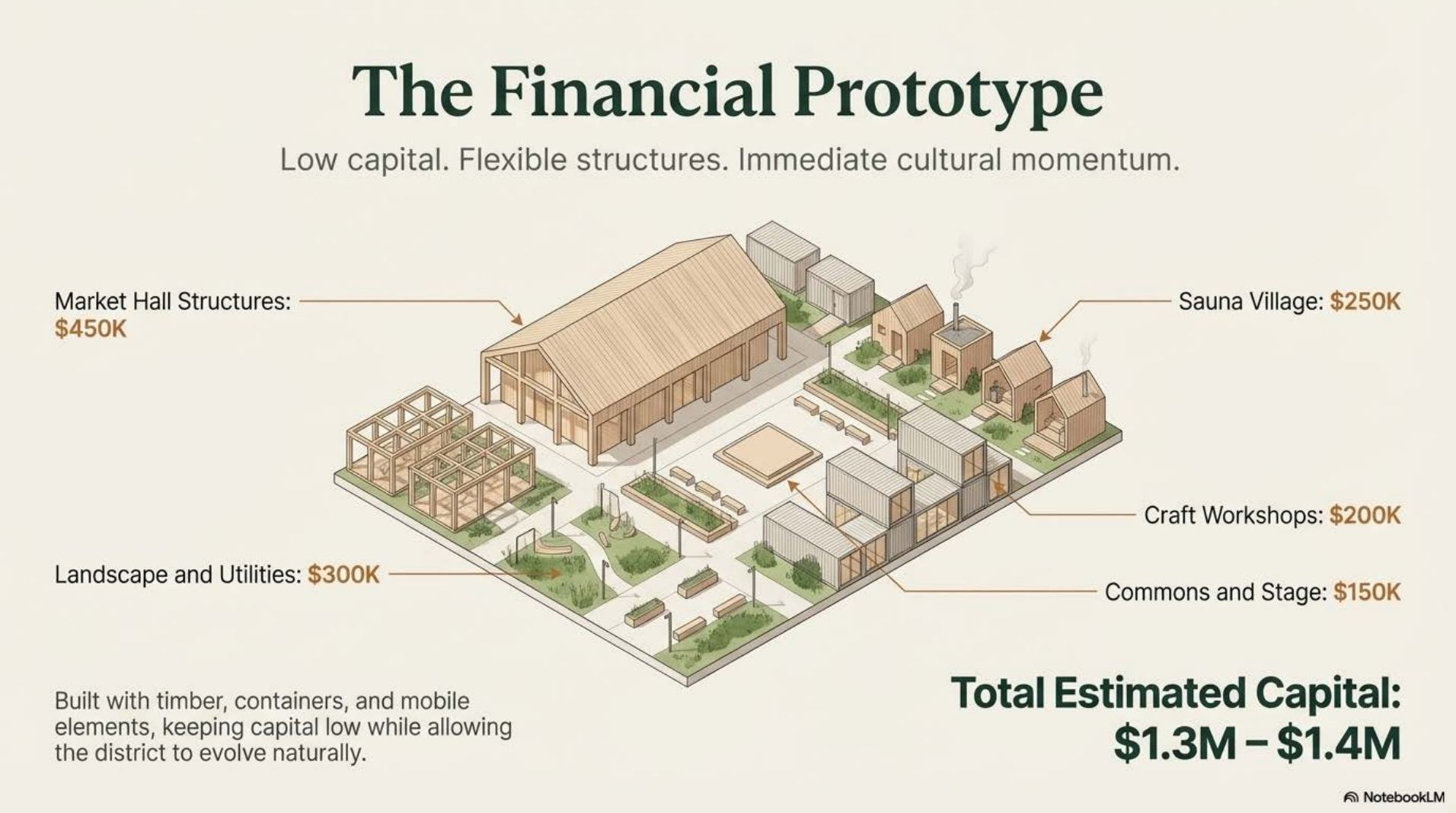 The financial prototype — total estimated capital $1.3M to $1.4M