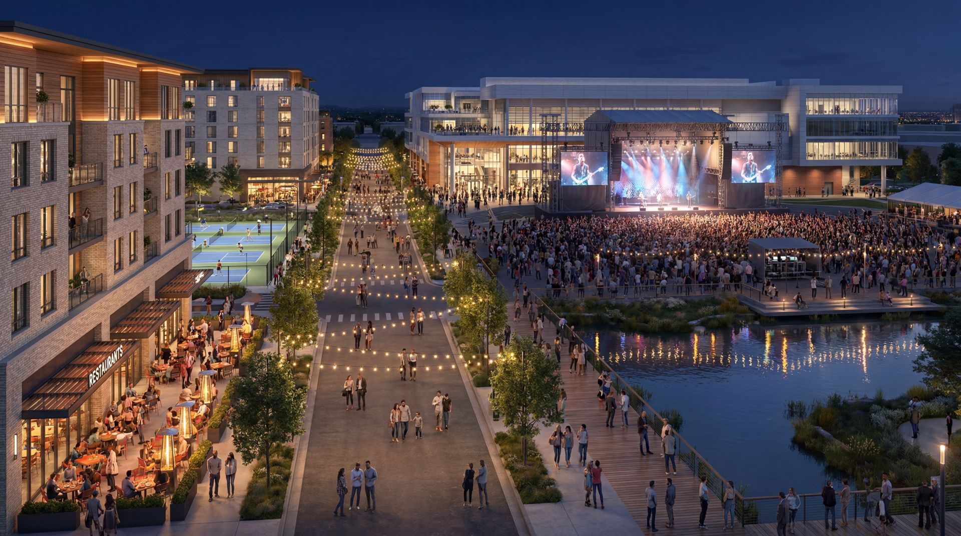 Riverfront district render at dusk