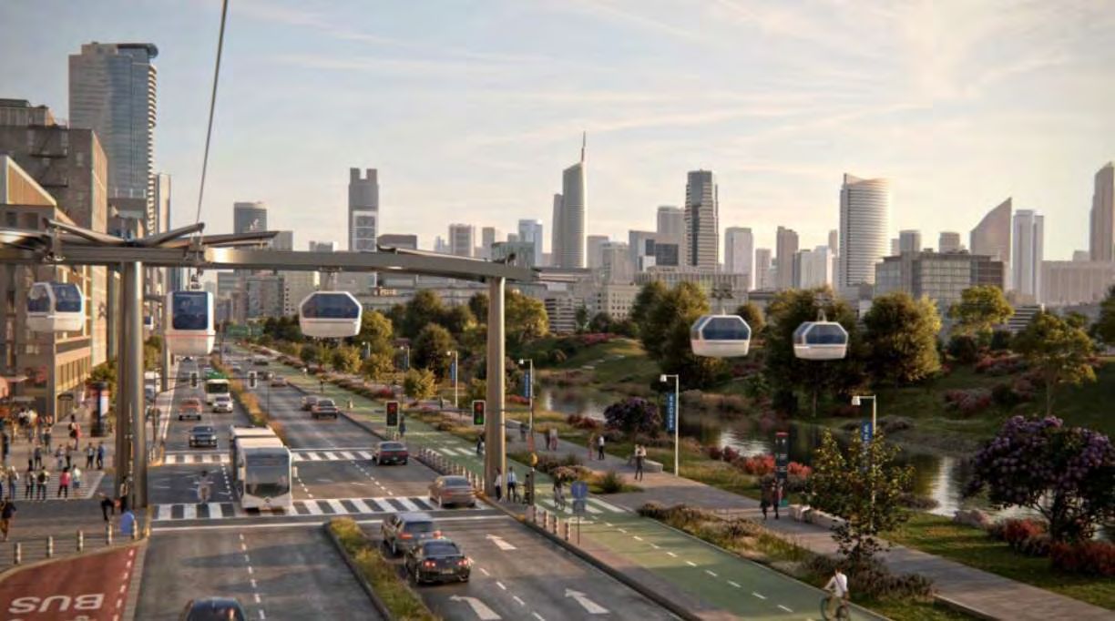 Aerial gondola connectivity concept over the district